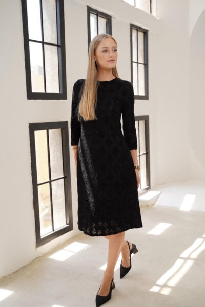 שמלת תחרה מעוינים - XL, שחור