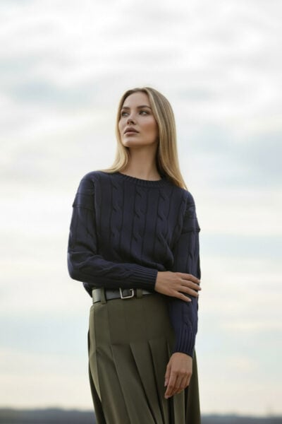 סריג צמות עבה - כחול