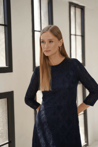 שמלת תחרה מעוינים - L, כחול