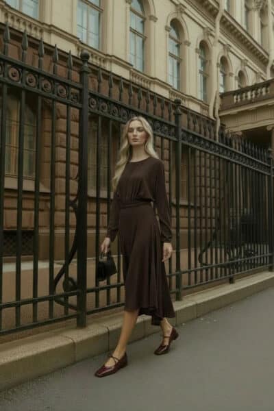 שמלת שיפון אסימטרית - XS, חום