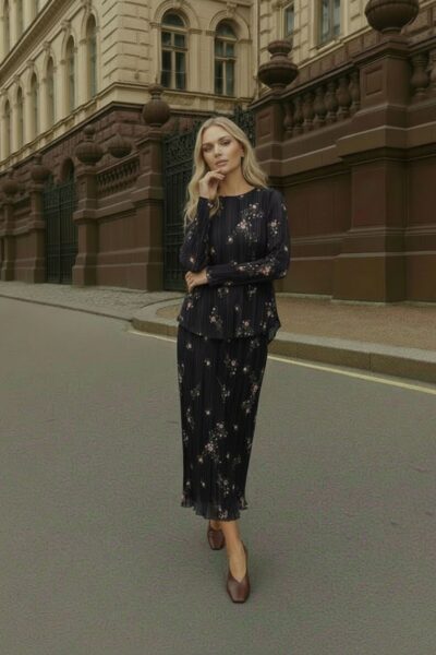 סט מבד פליסה מודפס - XS, פרחוני שחור