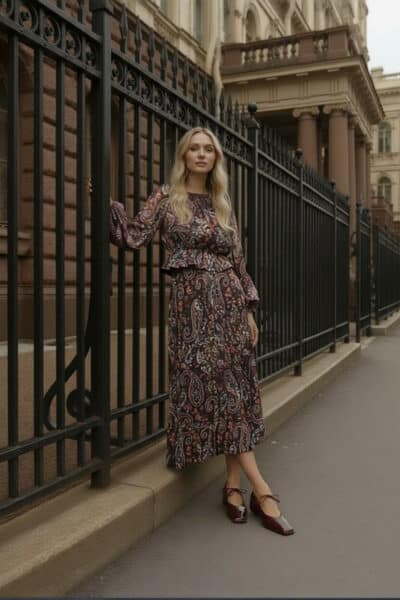 סט שיפון מודפס - XS, ירוק זית