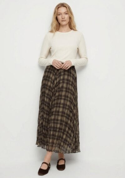 חצאית שיפון משובצת - חום, One Size