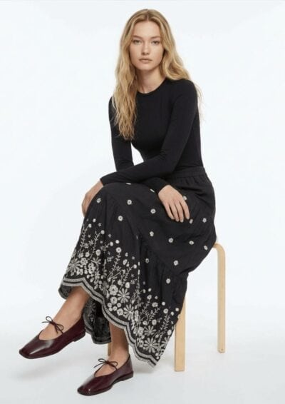 חצאית מקסי רקמה - שחור, One Size