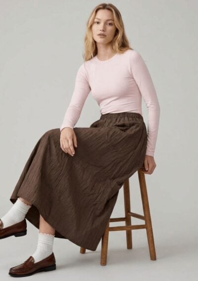 חצאית מקסי פסים חלקה - חום, One Size