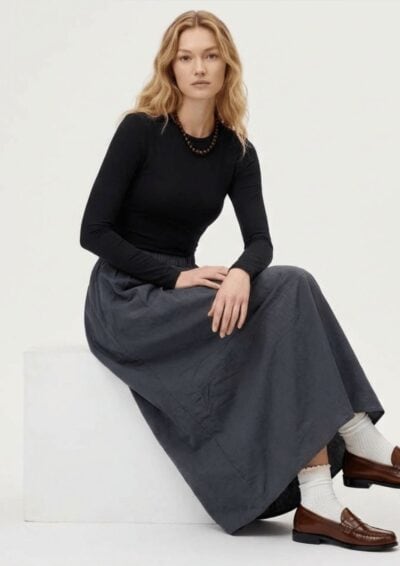 חצאית מקסי כיווצים חלקה ארוך - אפור, One Size