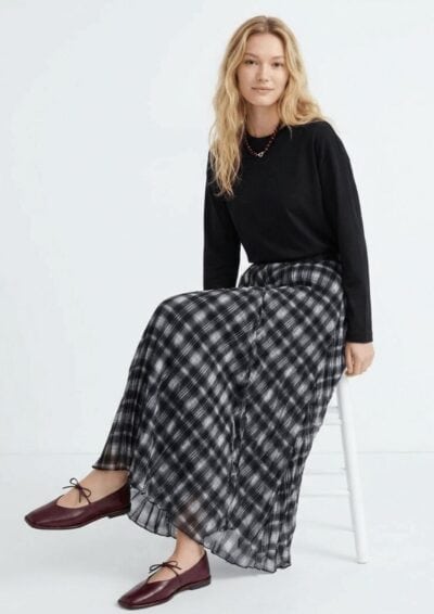 חצאית שיפון משובצת - שחור, One Size